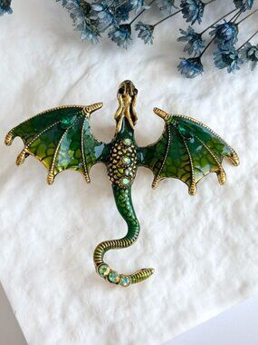Dragon Figural Green Enameled Rhinestone Accented Gold Toned Brooch Pin